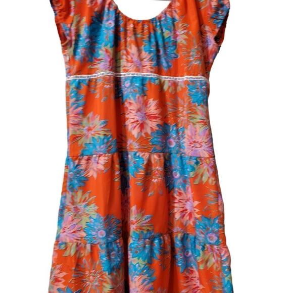 Zara Basic Orange Blue Floral Short Sleeve Tiered Mini Dress M - Picture 2 of 8